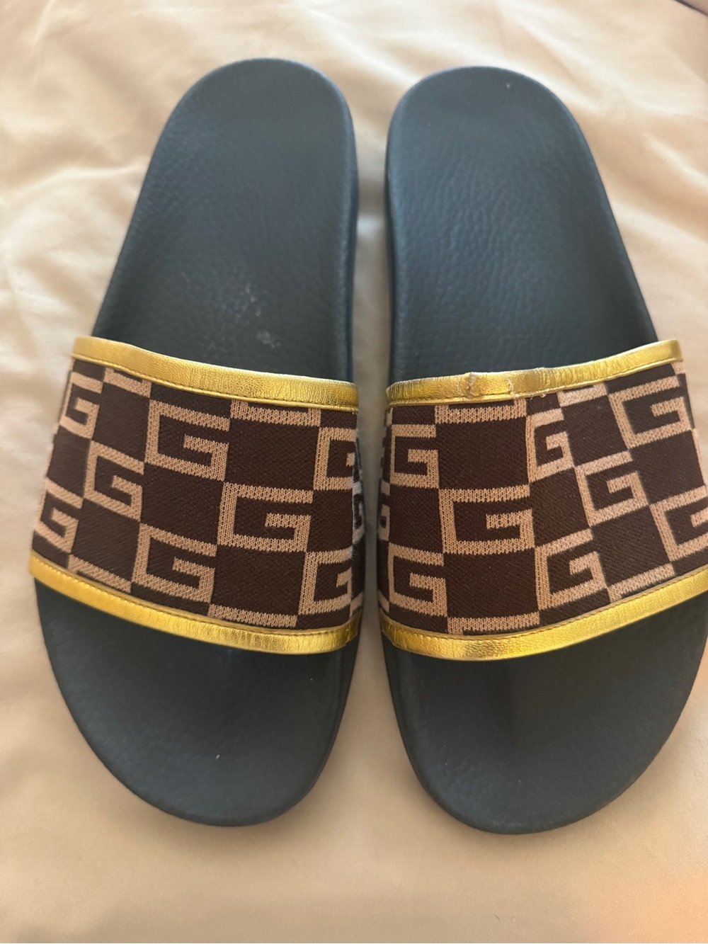 Gucci Brown & Gold GG Logo Slide Sandals